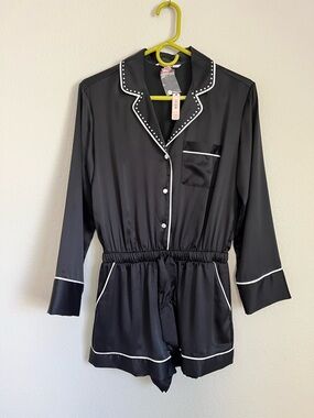 Victoria's Secret Black Satin Romper with White Piping